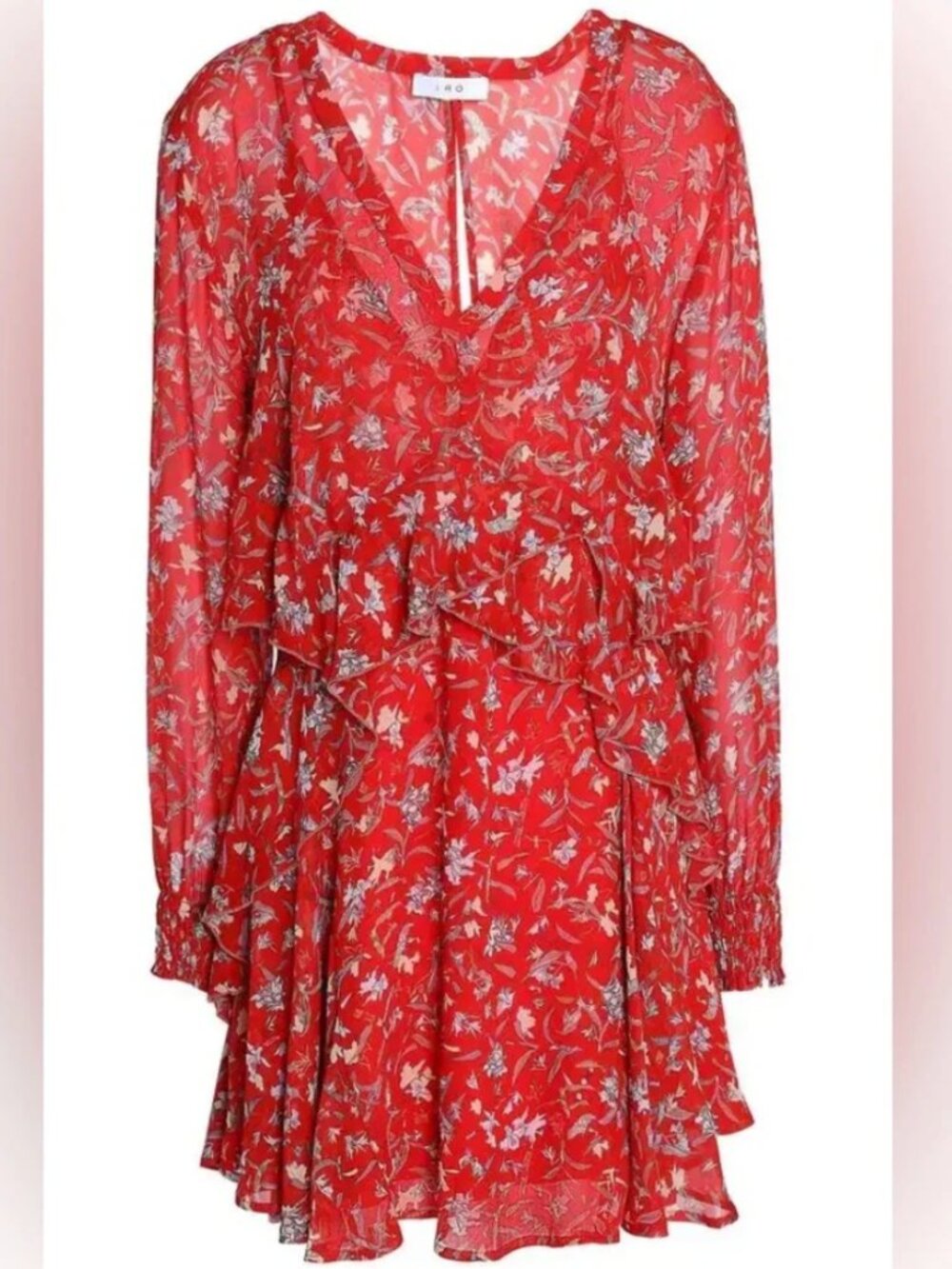 IRO PARIS Beaumont Ruffled Printed Chiffon Mini Dress in Red Size 34 (US XS)